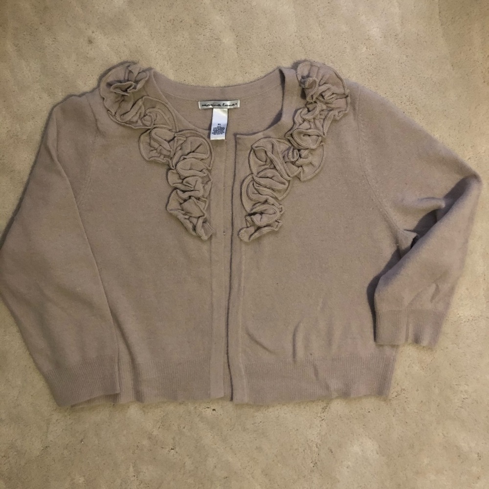 Wool blend short cardigan with ruffle trim